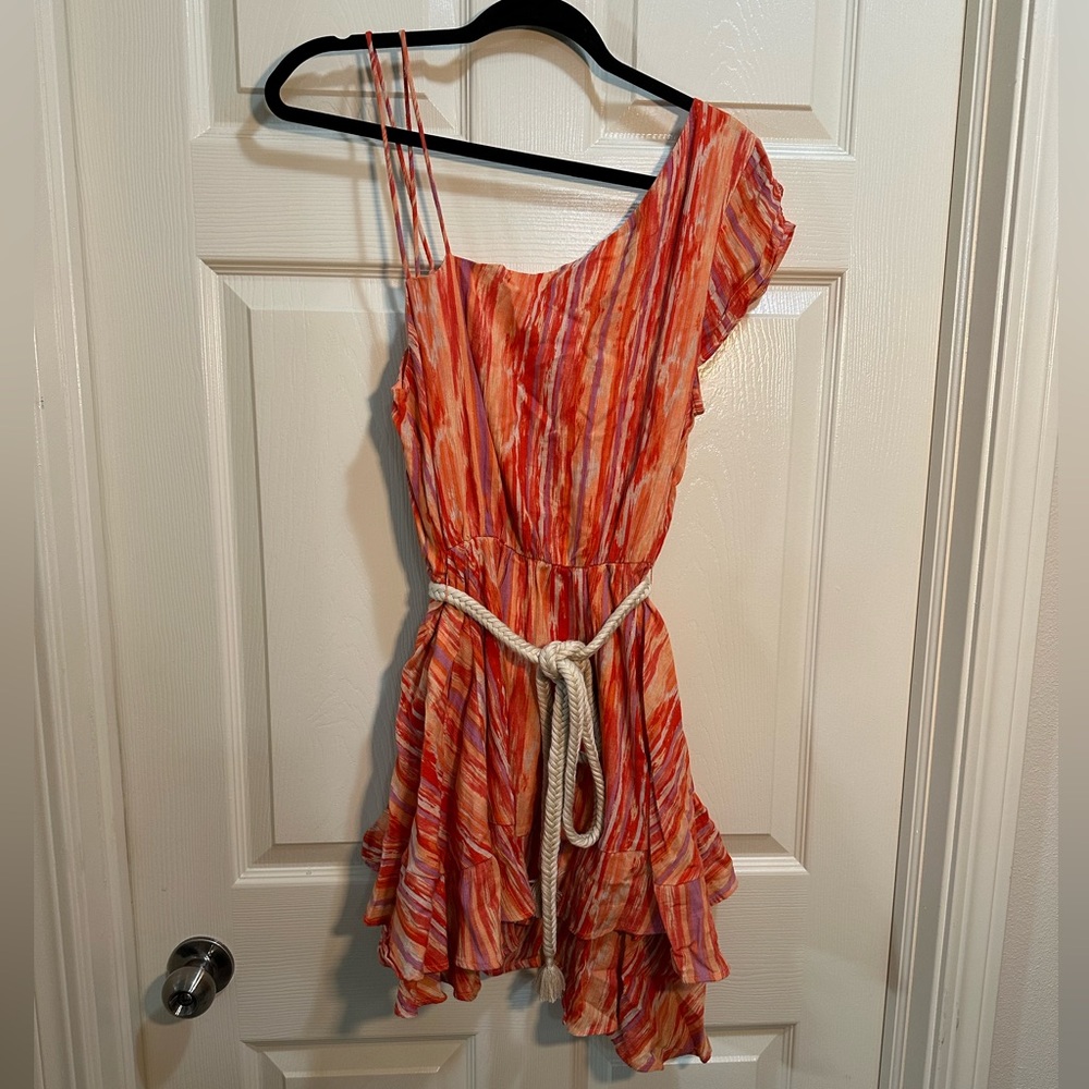 Women’s Free People Mini Dress Rope Tie Ruffle Hem Orange Stripe Size Medium